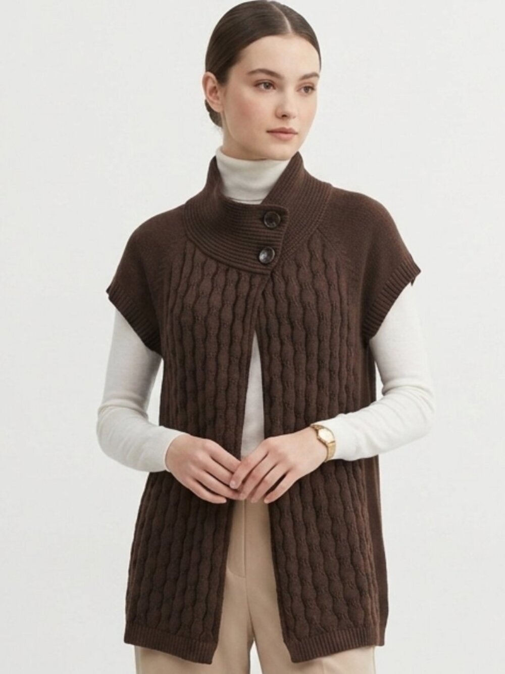 Izod Knit Vest Brown Cable Knit Short Sleeve Twee Retro L